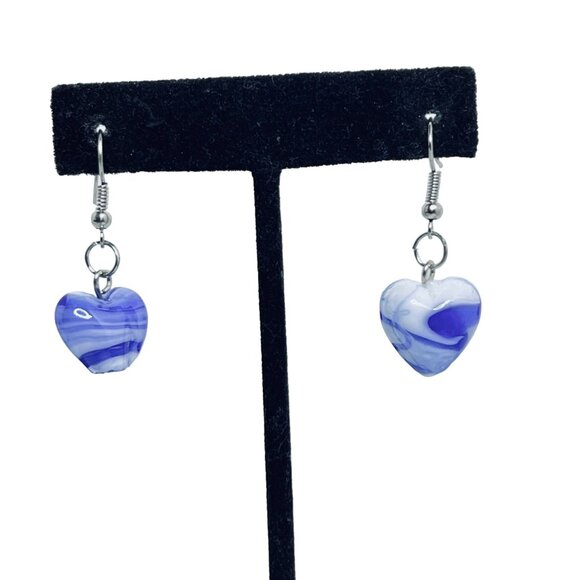 Unbranded Jewelry - Silver Plated Pierced Dangle Earrings With Blue & White Glass Heart Bead (5479)